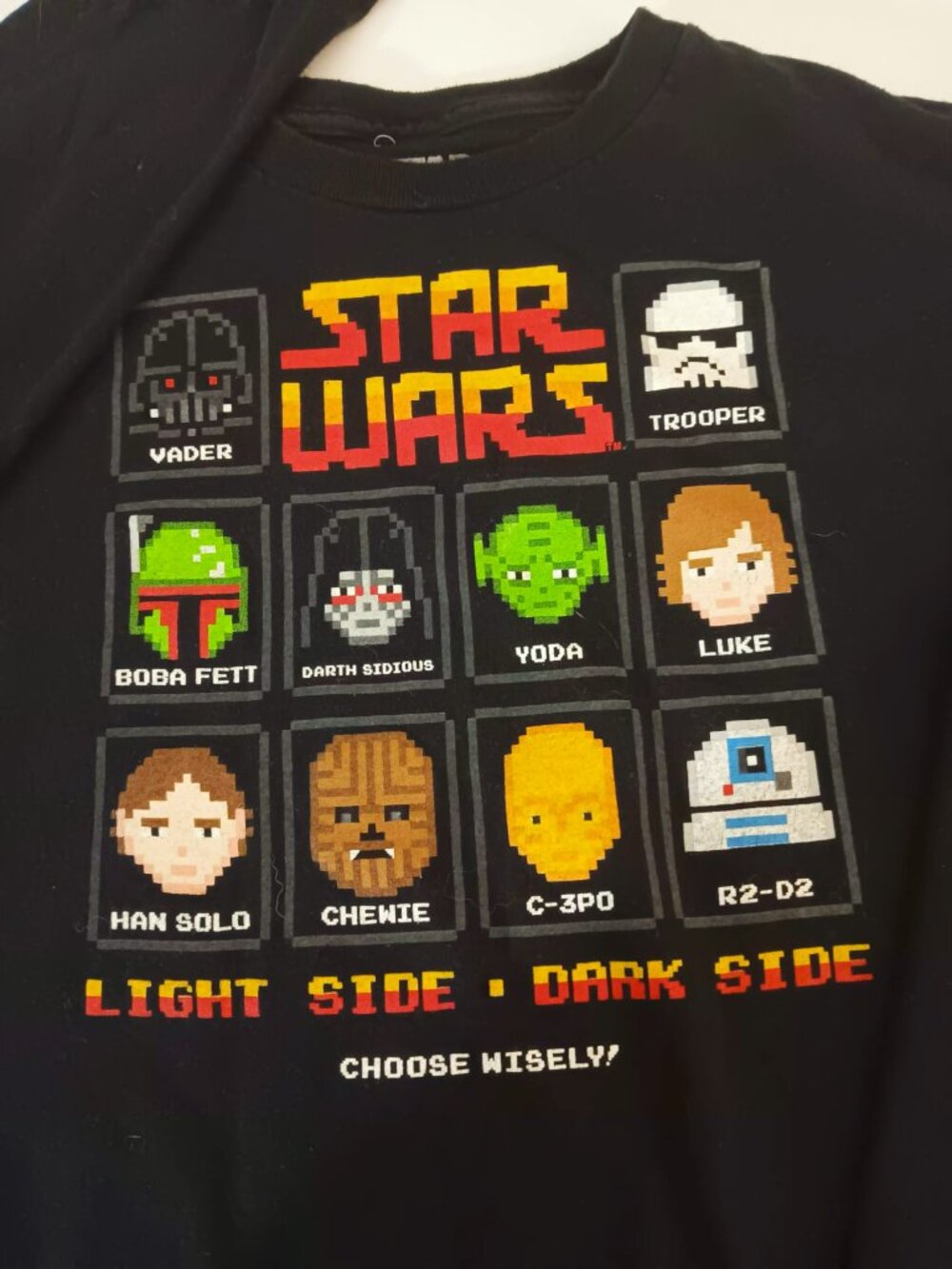 Star Wars Youth Tee, long sleeve, size M. Black background w/colorful characters